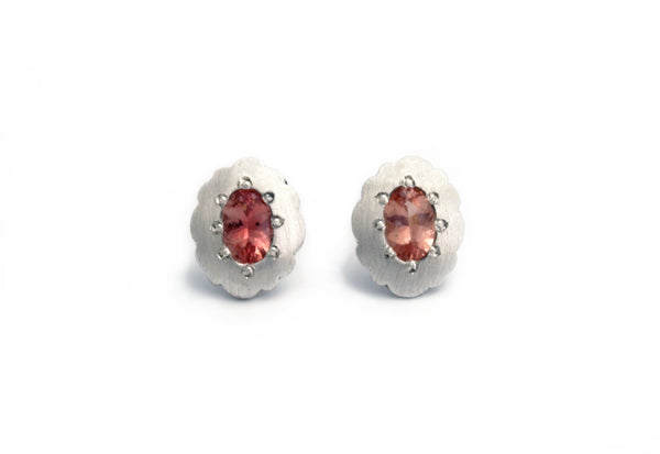 Scallop Oval Studs with Oregon Sunstone
